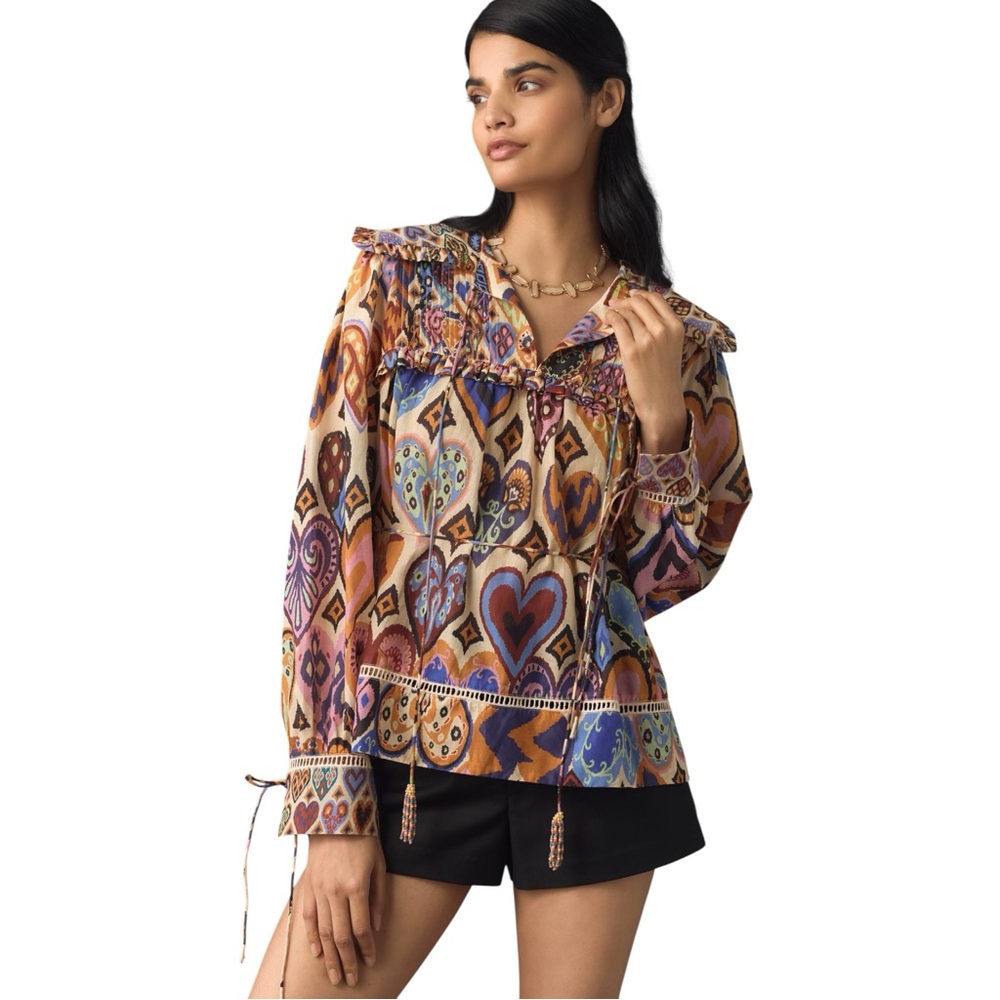 Farm Rio Anthropologie Hearts Ikat Top Blouse w/Embroidered Trim Sz S New